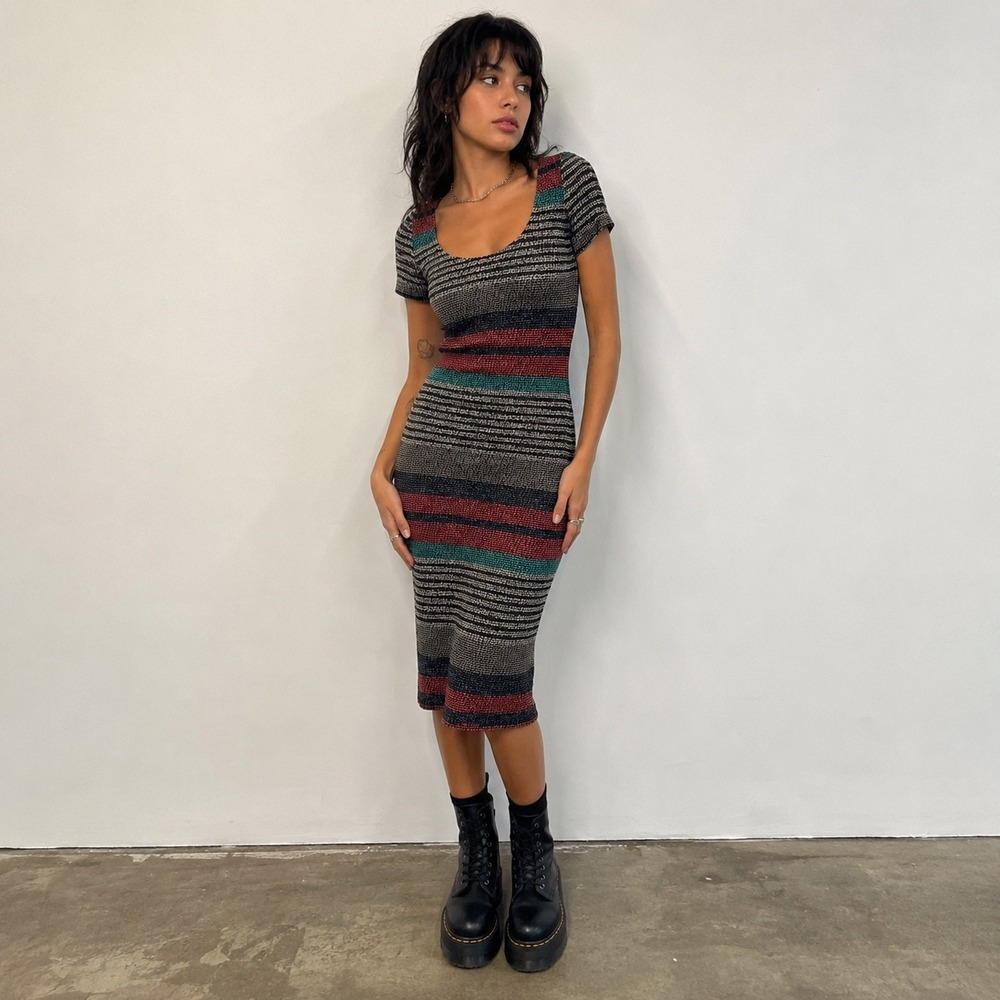 Y2K Space Dye Striped Knit Bodycon Midi Dress Scoop Neck